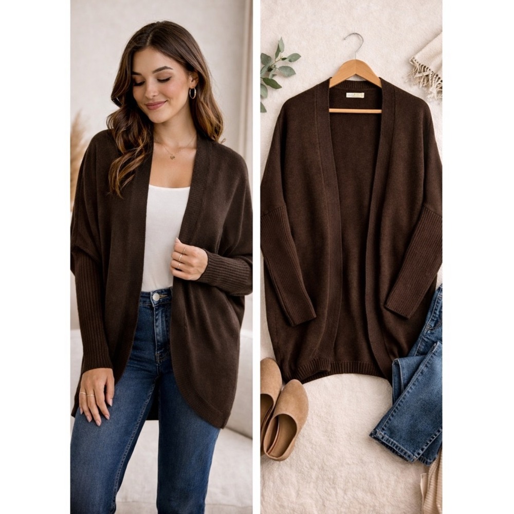 Echo Verde Organic Cotton Cashmere Open Cardigan Oversized Cozy Dark Brown